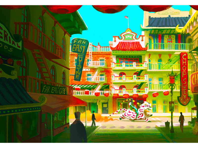 A lively Chinatown street scene with traditional buildings, red lanterns, and a dragon dance.