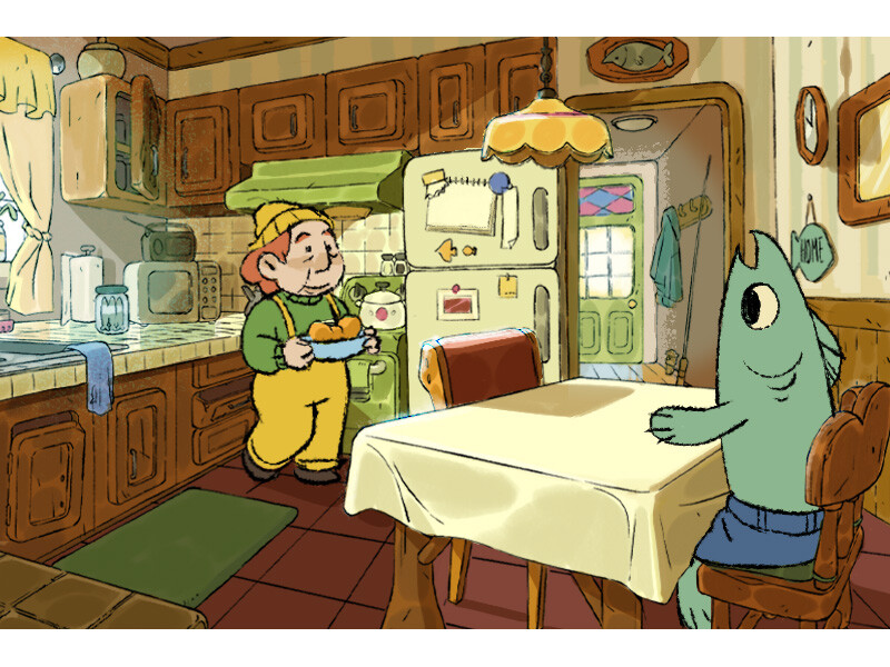 A cozy kitchen scene with a small figure carrying food and a cartoon fish sitting at the table.