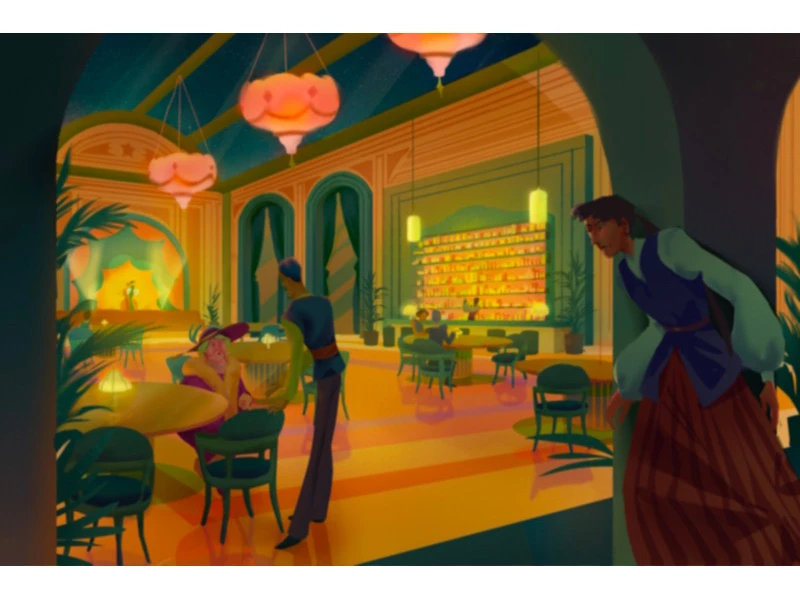 Art deco-style bar with patrons, ornate lighting, and vibrant decor.