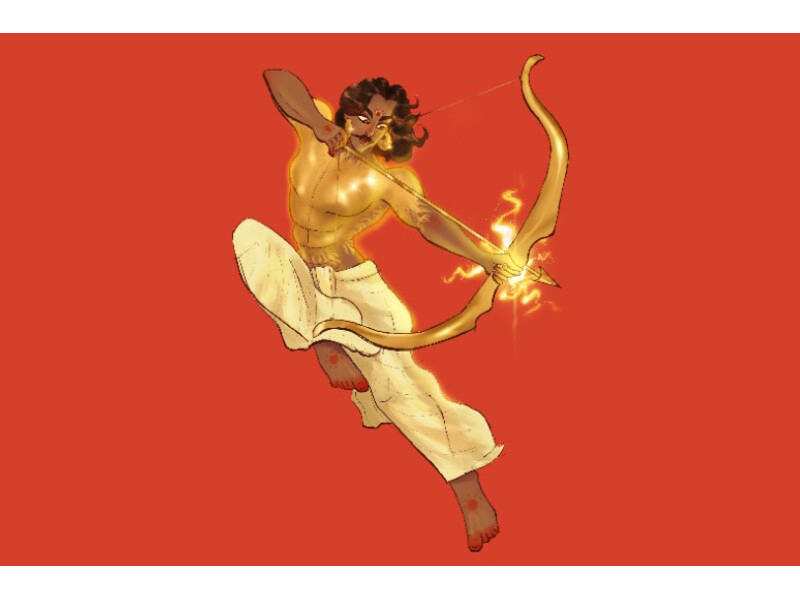 Animated figure with glowing skin shooting a bow against a red background.