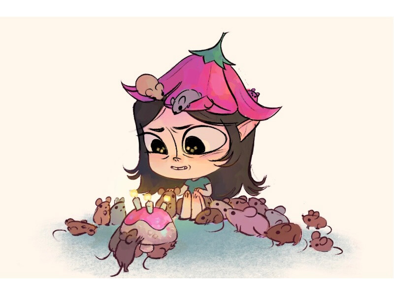 A character with a flower hat surrounded by mice and a cake with candles.