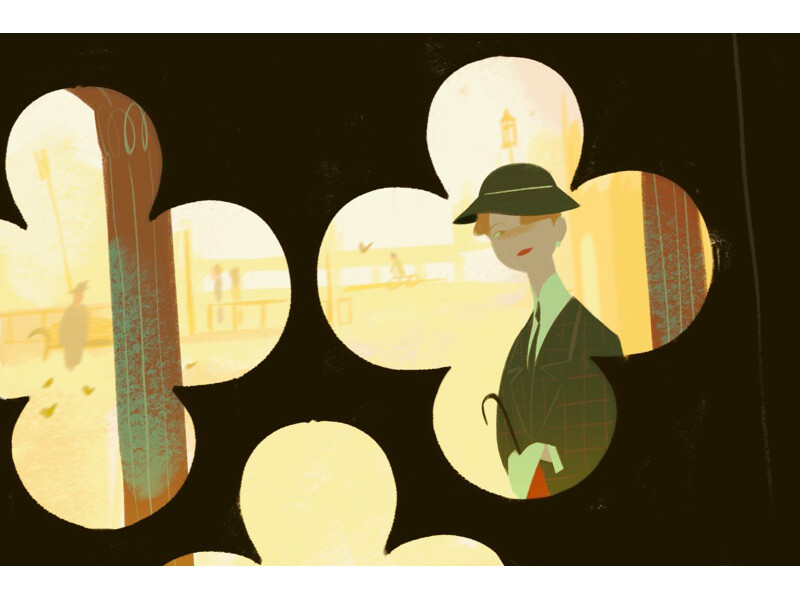 Stylized illustration of a person in a suit and hat visible through a quatrefoil-shaped window with a warm, sunny background.