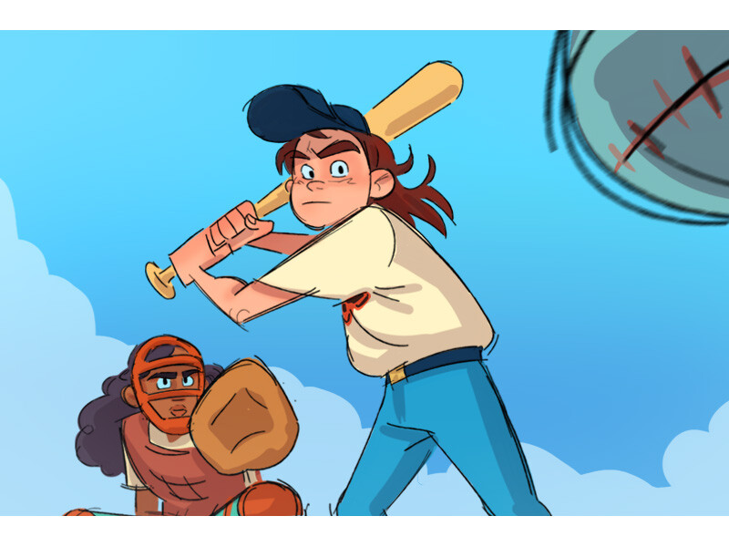 Cartoon baseball scene with a batter swinging and a catcher ready, under a blue sky.