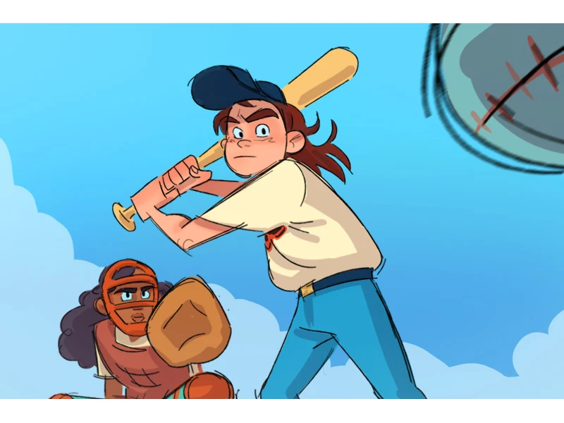 Cartoon baseball scene with a batter swinging and a catcher ready, under a blue sky.