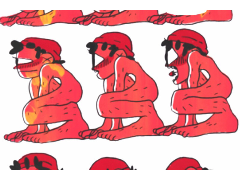 Cartoonish red figures crouching with varied expressions.