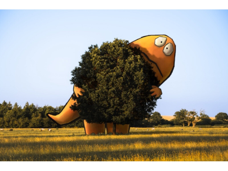 Cartoon orange dinosaur hiding behind a bush in a field.