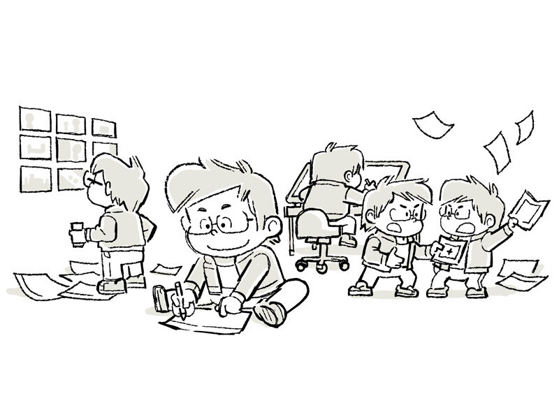 Cartoon of characters in a creative workspace, engaging with sketches, a computer, and papers.