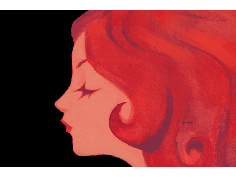 Profile of a stylized female face with red hair on a black background.