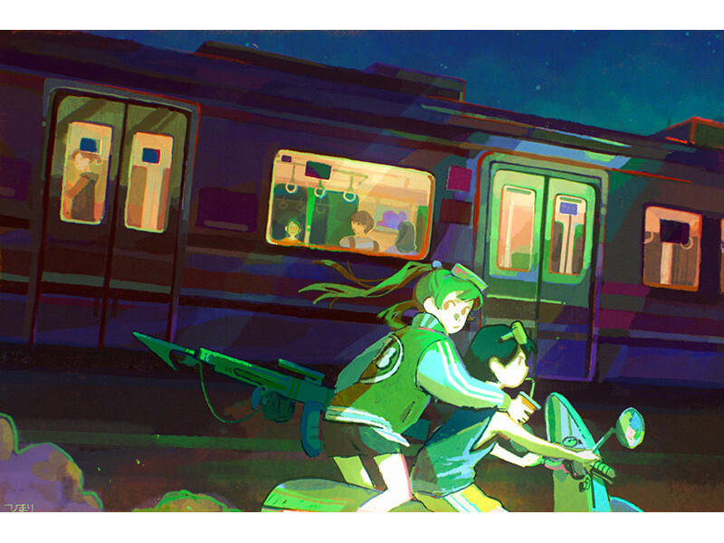 Two characters on a scooter in front of a moving train at night.