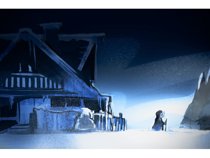 Winter scene with a snowy house and a lone figure holding a staff against a blue sky.