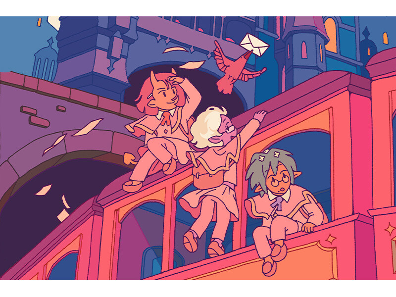 Three characters on a colorful train with a bird carrying a letter above them against a gothic building backdrop.