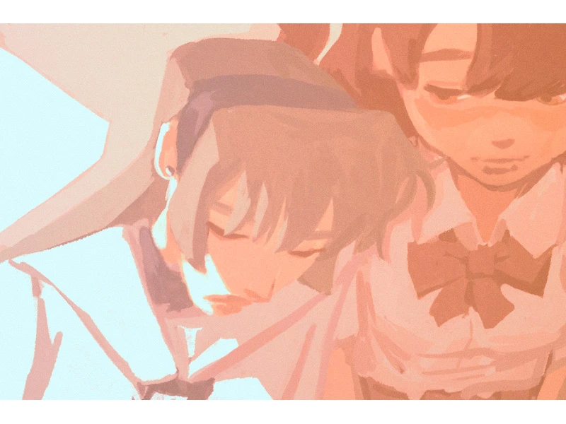 Two anime-style characters in soft pastel tones, with closed or partially closed eyes.