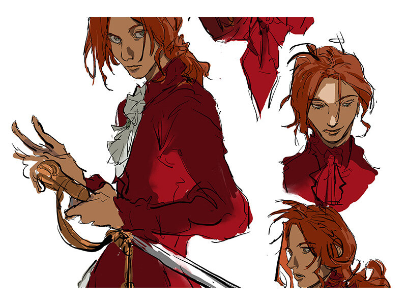 Stylized character illustrations with auburn hair in a red shirt holding a sword.