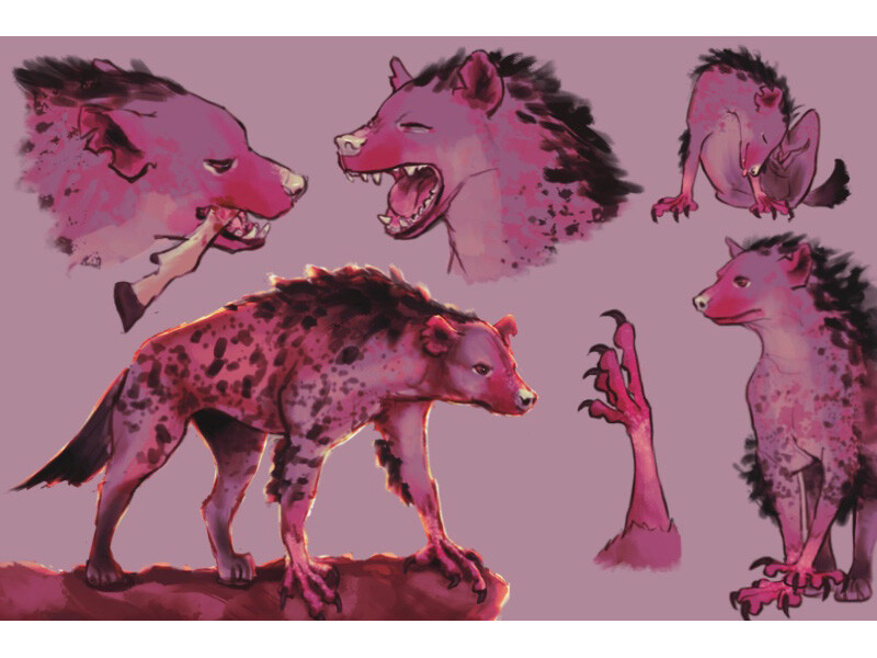 Illustration of a stylized, hyena-like creature with pink and dark purple fur in various poses and close-ups.