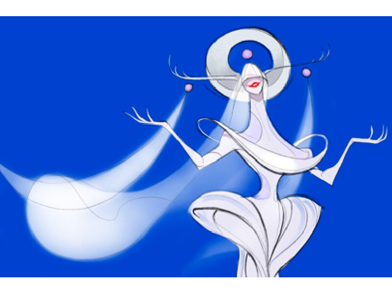 Abstract figure with a halo and flowing gown on a blue background.