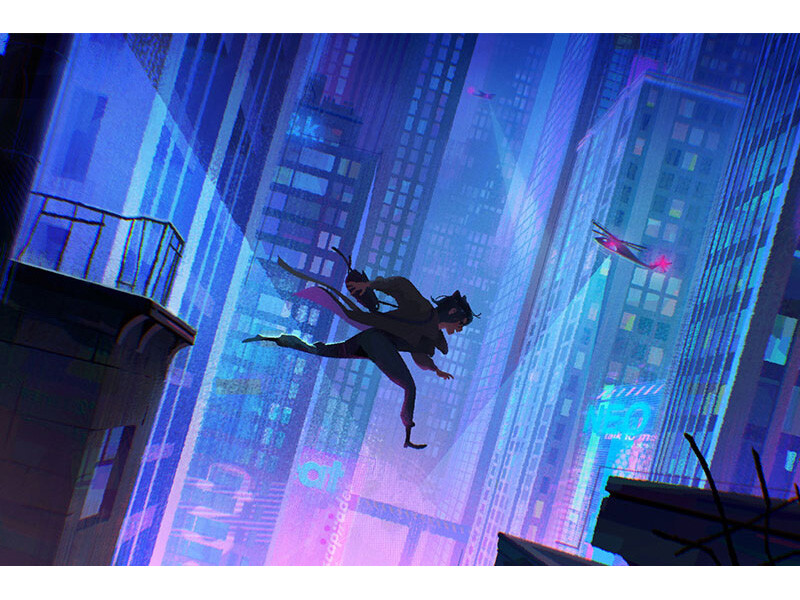 Silhouette of a character leaping between futuristic skyscrapers in a cityscape with neon lights.