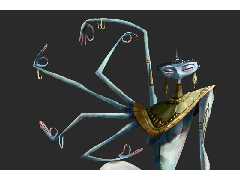 A stylized humanoid figure with six elongated arms, wearing an ornate collar against a dark gray background.