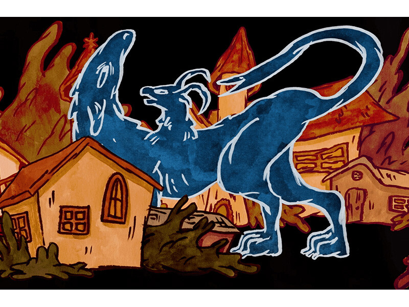 A blue, two-headed creature stands in a village of small brown houses, surrounded by abstract red and orange shapes.