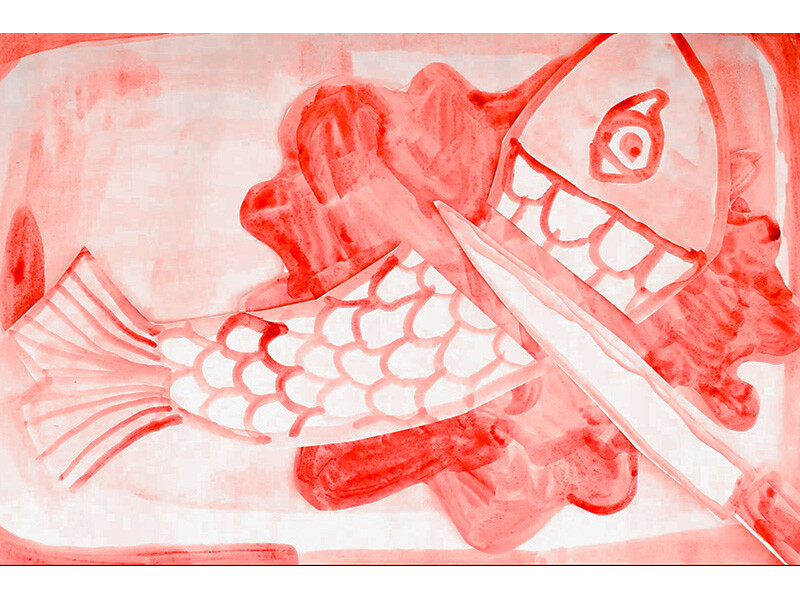 Red and white stylized painting of a fish with a wide grin and a knife intersecting its body.