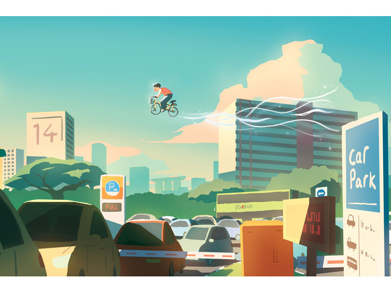 Man flying on a bicycle above city traffic and buildings.