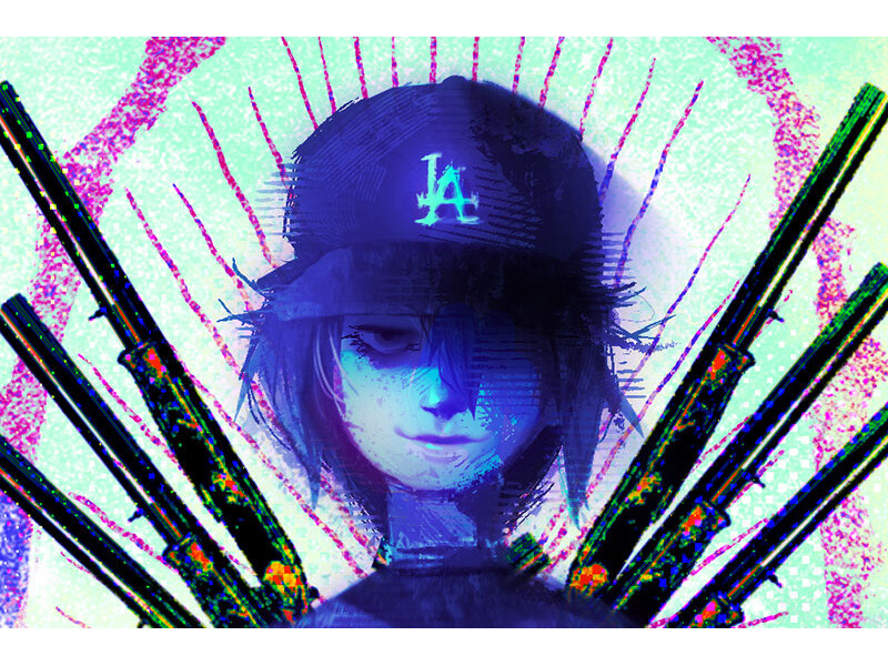 An abstract illustration of a person with a dark cap, set against a vibrant, colorful background with digital glitch effects.