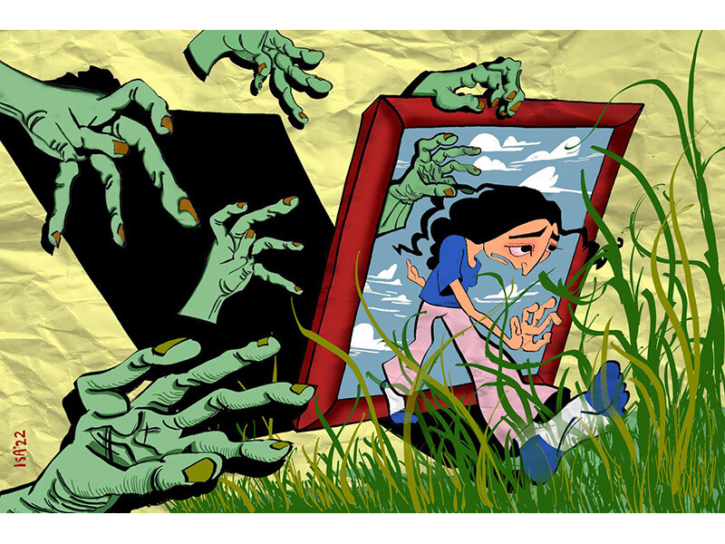 A cartoon woman partially escaping a picture frame surrounded by reaching green hands.