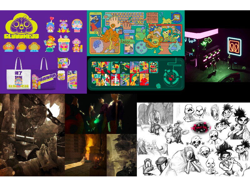 A collage of art and design images, including cartoon merchandise, a colorful map, a neon-lit scene, dark industrial illustrations, and black-and-white sketches.