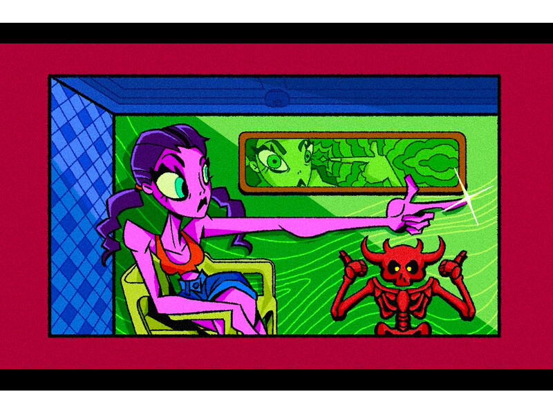 A purple cartoon character extends a hand towards a red horned skeleton in a vibrant room.