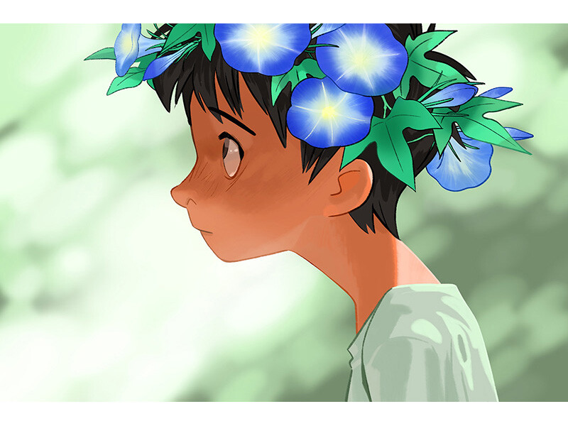 Animated character with a flower crown against a soft green backdrop.