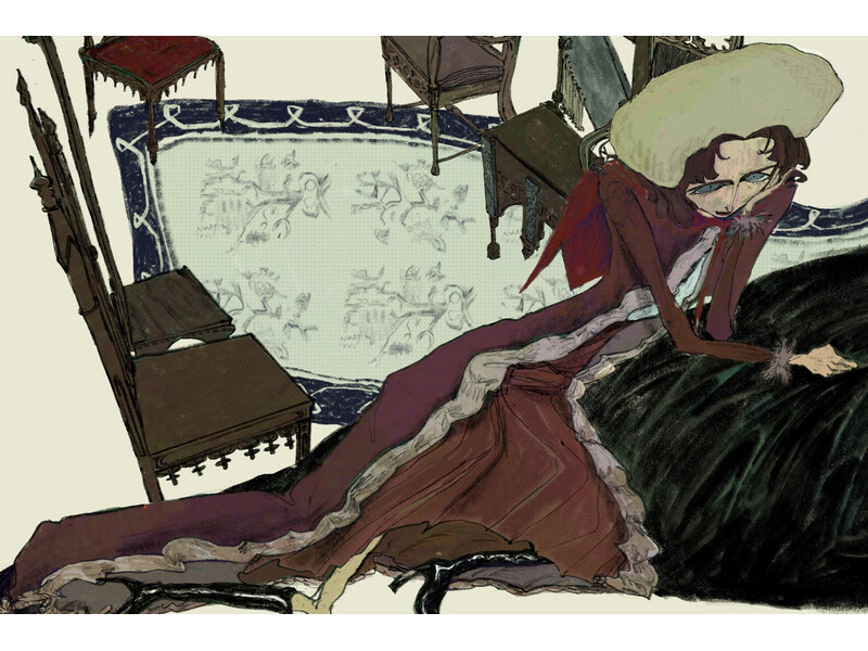 Illustration of a woman in a maroon dress and pale green hat, leaning on a dark surface in a vintage setting with an antique rug and chairs.