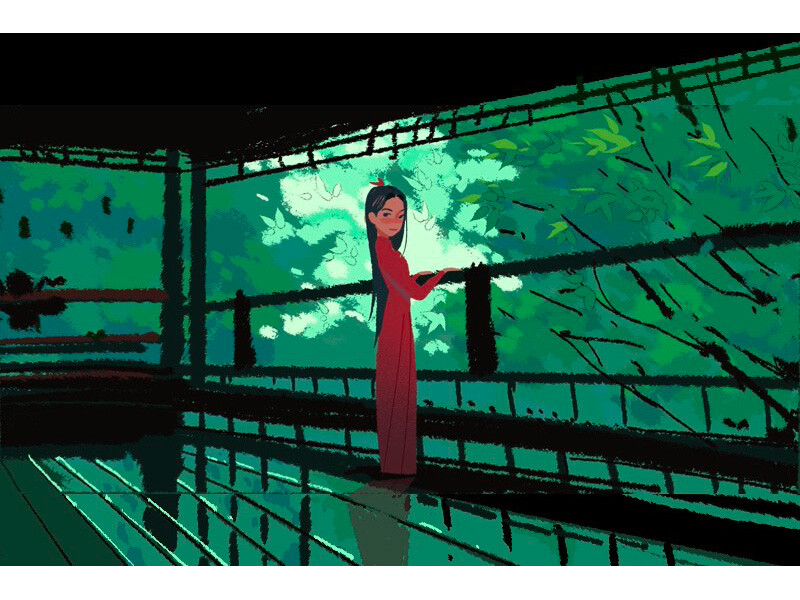 Illustration of a woman in a red robe standing in a room with large windows overlooking greenery.