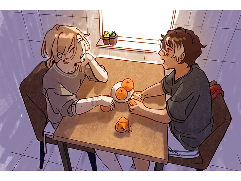 Two people sitting at a table with peeled oranges and two potted plants on the windowsill.