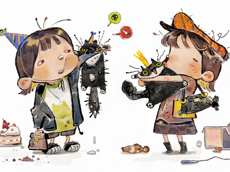 Two children handling disgruntled black cats, one holding it up and another hugging it, amidst a messy scene with cake and toys.