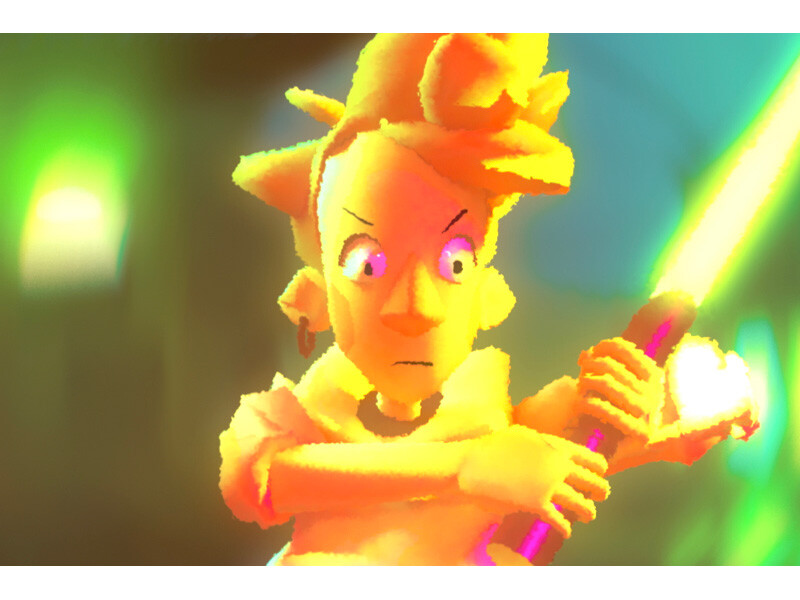 Animated character holding a glowing sword with an intense expression.