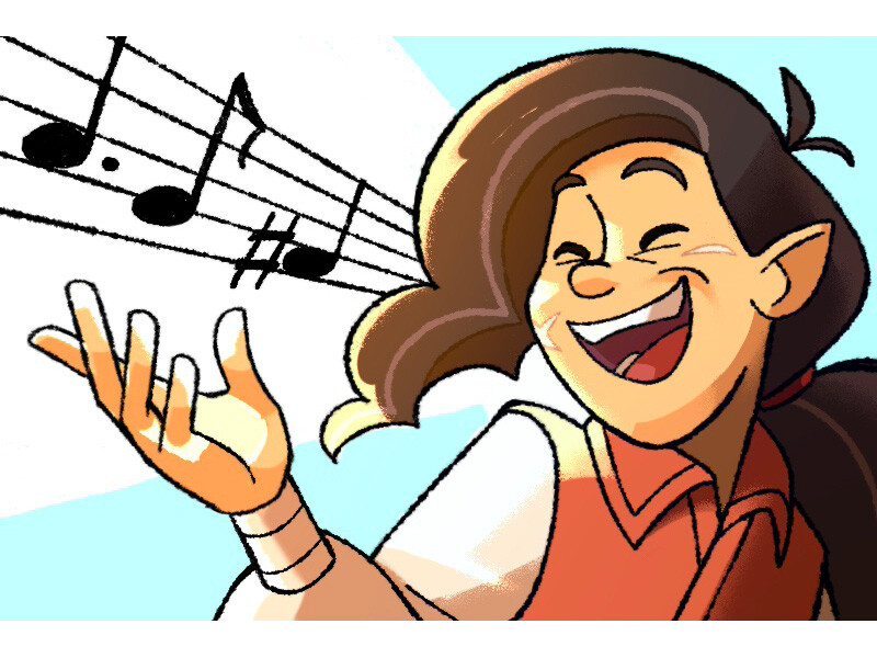 Animated character laughing with musical notes in the background.