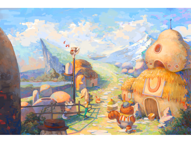 A whimsical village with stone and thatched houses set in a mountainous landscape, featuring a singing bird and a bear-like creature.