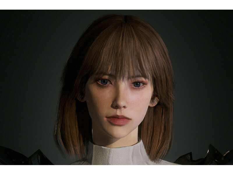 Digital rendering of a character with brown hair and reddish eyes, wearing a white high-collared garment.