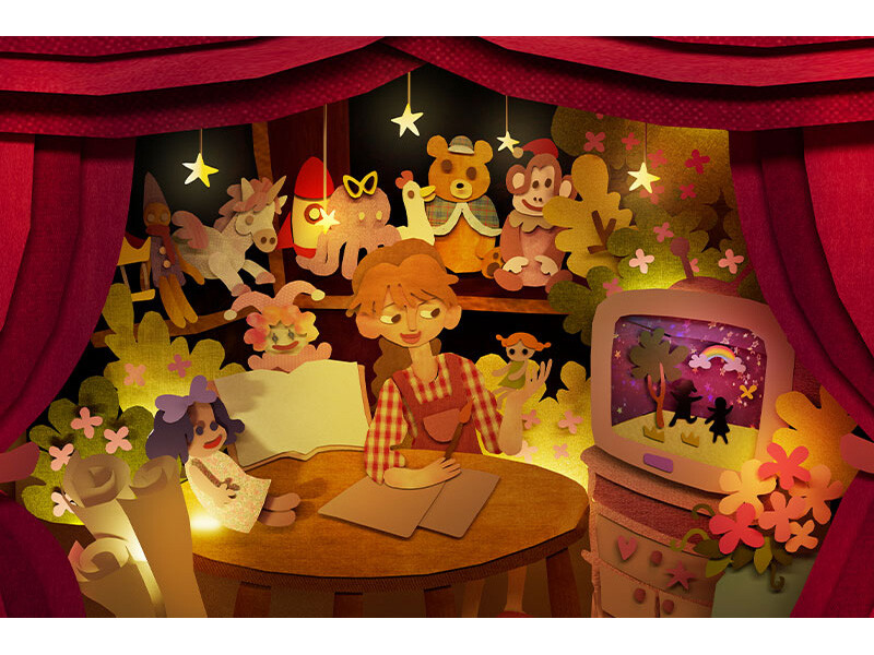 A cozy room with a person at a table, surrounded by toys and a TV showing silhouettes and a rainbow.