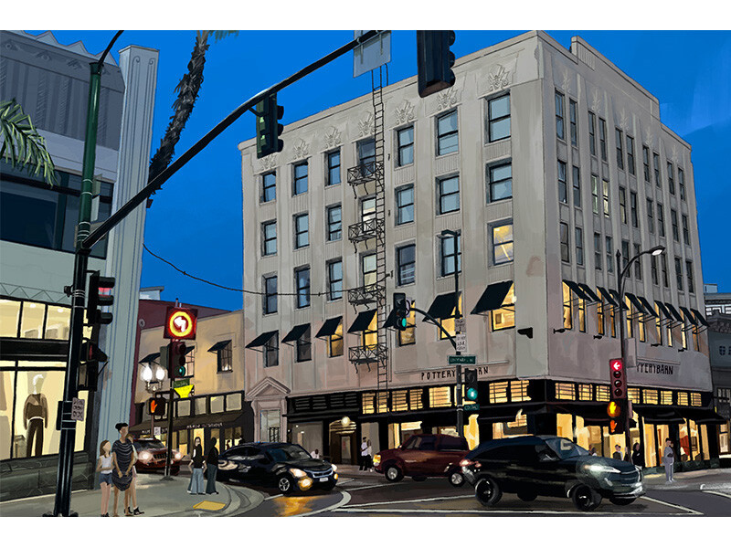 Street corner at dusk with a multi-story building and vehicles at an intersection.