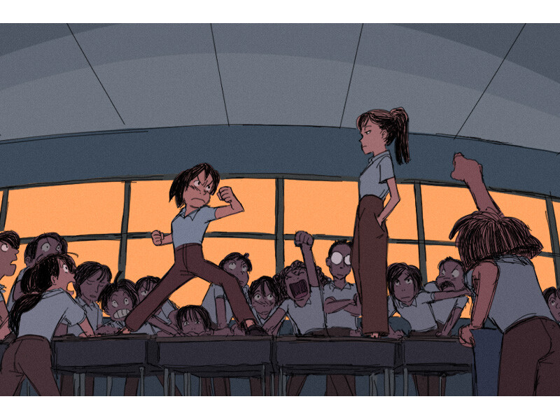 Two animated characters stand on desks in a lively classroom scene, facing each other amidst an engaged crowd of peers.