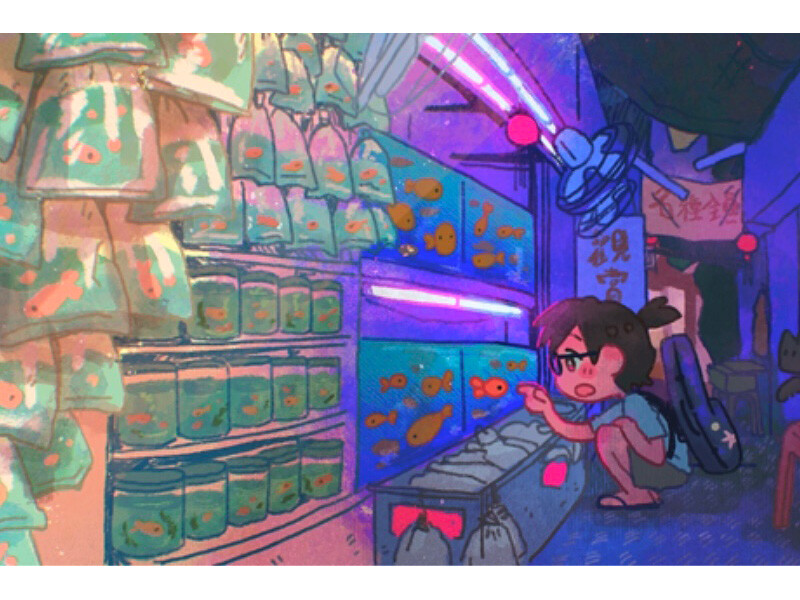 A young person points at fish bags in an aquarium shop under vibrant lighting.