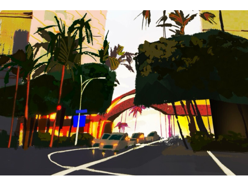 Stylized urban street scene with palm trees, buildings, and cars during daylight.