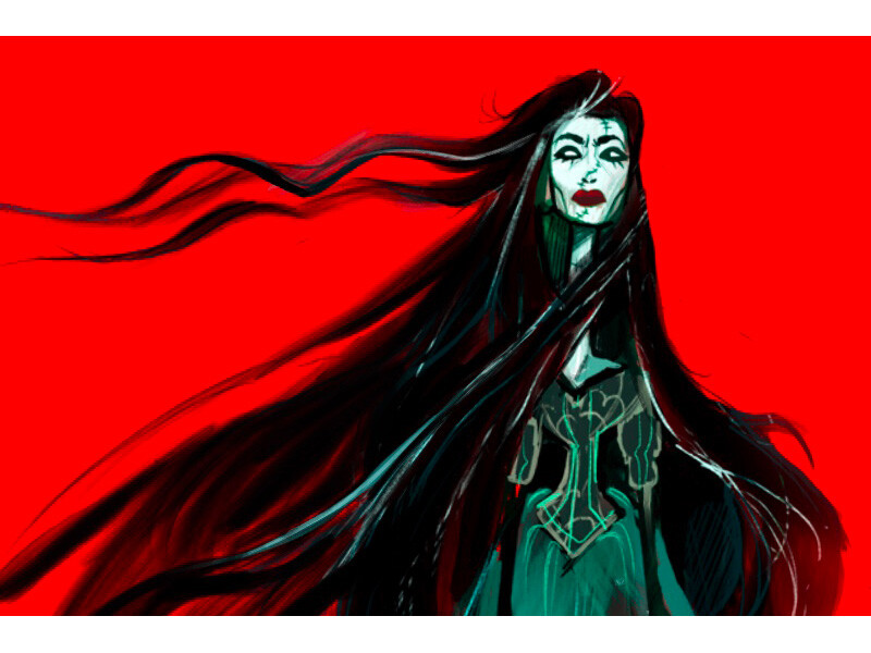 Illustrated woman with long black hair against a red background.