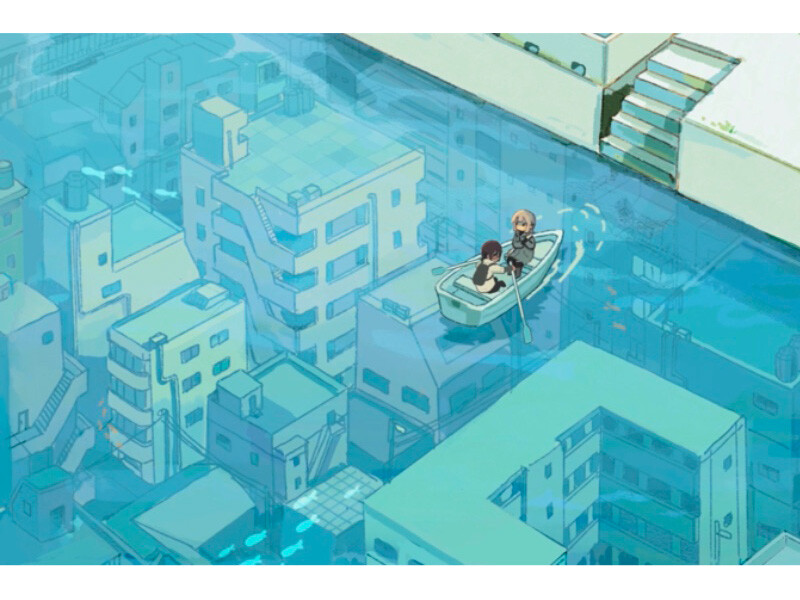 Two characters in a rowboat navigating a submerged cityscape.