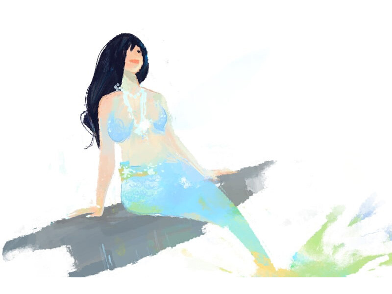 A digital painting of a mermaid with long black hair and a blue-green tail sitting on a rock.