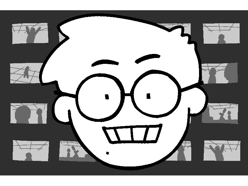 Cartoon face with glasses and a wide smile, surrounded by small silhouetted figures.