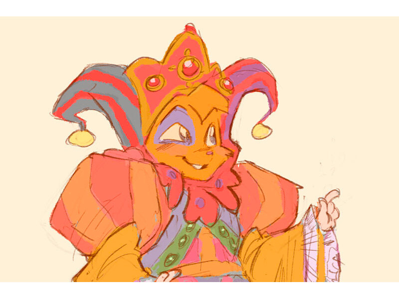 Illustration of a colorful jester with a vibrant hat and costume, winking and smiling.