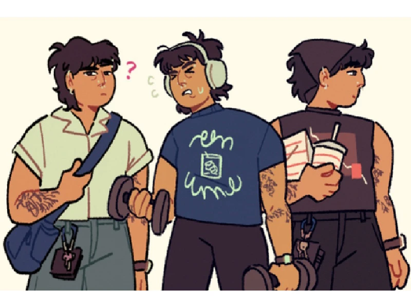 Illustrations of a person with various outfits and accessories: casual, workout, and relaxed styles.