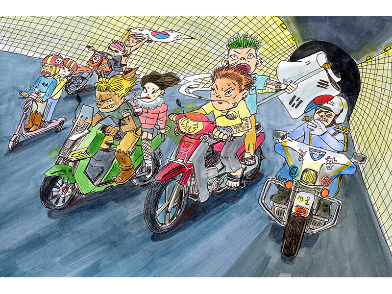 Characters race through a tunnel on motorbikes and scooters, pursued by a police officer.