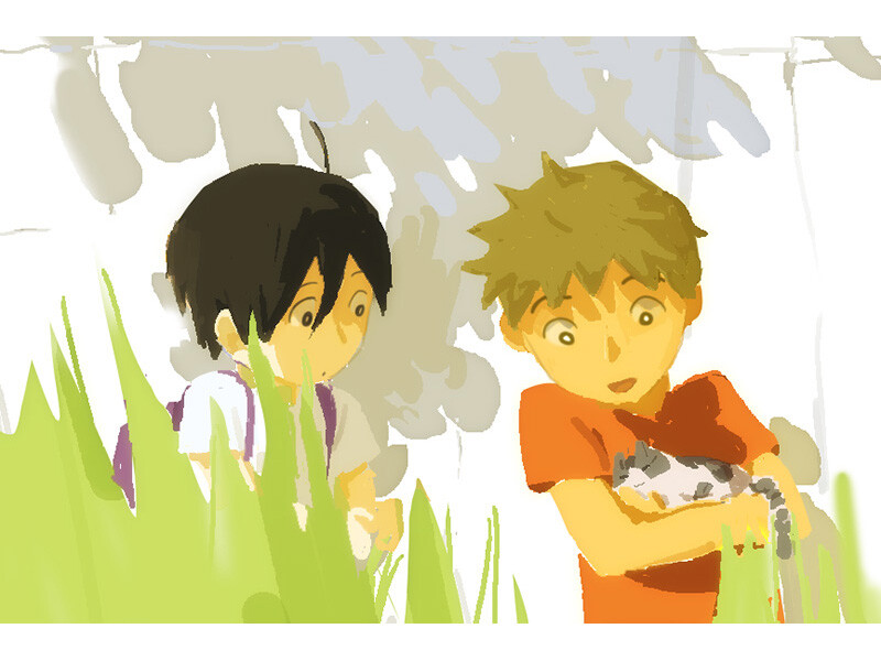 Two children outside with a kitten, surrounded by tall grass.